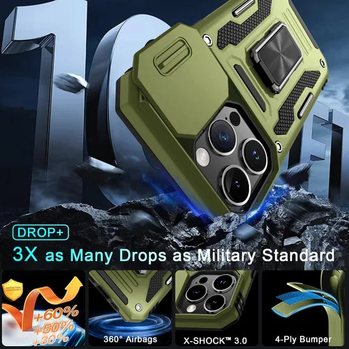 Vista 103 de DEERLAMN Funda para iPhone Xs Max con funda deslizante para cámara + protector de pantalla, soporte giratorio de anillo de grado militar a prueba