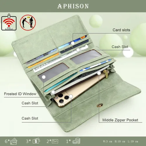 Vista 2 de Aphison - Cartera larga de cuero suave RFID para mujer, con caja de regalo