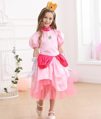 Vista 2 de Luzlen Disfraz de princesa melocotón para niñas, vestido de princesa de Super Brothers, disfraz rosa para Halloween y cosplay
