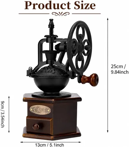 Vista 4 de Molino manual de granos de café, molino de café, manual con manivela de rueda de hierro y cuerpo de madera, molinillo de café de cerámica para uso