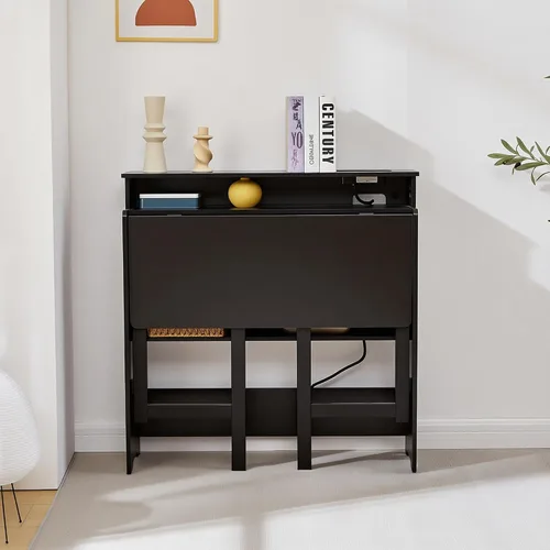 Vista 9 de Escritorio plegable con tomas de corriente, pequeña mesa plegable con estante de almacenamiento, escritorio oculto que ahorra espacio
