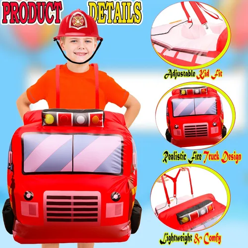 Vista 3 de Disfraz inflable de camión de bomberos de 6 piezas, incluye 1 casco de bombero, 4 accesorios de extinción de incendios para niños y niñas