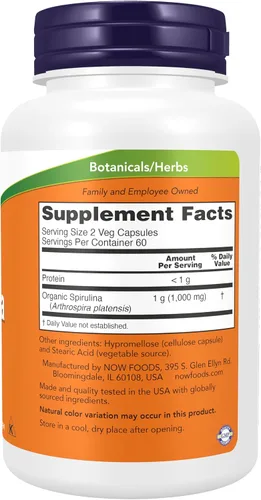 Vista 2 de Espirulina NOW de 0.0176 oz, 120 cápsulas vegetales.