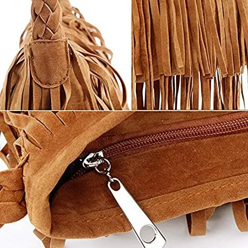 Vista 6 de Goclothod Bolso de hombro estilo hobo de gamuza con flecos, estilo hippie para mujer, estilo vintage