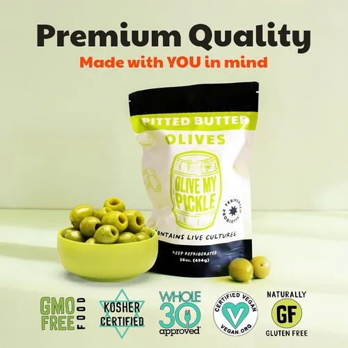 Vista 4 de Olive My Pickle Green Olives - Mantequilla sin hueso de 16 onzas 1 paquete de aceitunas Castelvetrano saludables de cultivo vivo sin hueso
