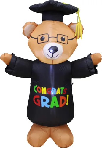 Vista 2 de Paquete de dos decoraciones de fiesta de graduación, incluye un oso de peluche marrón inflable de 4 pies de alto con gorra y gafas de bata, y mano