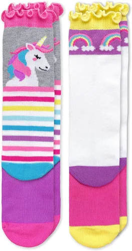 Vista 3 de Jefferies Socks Calcetines altos hasta la rodilla con volantes y rayas de unicornio unicornio para niña, paquete de 2