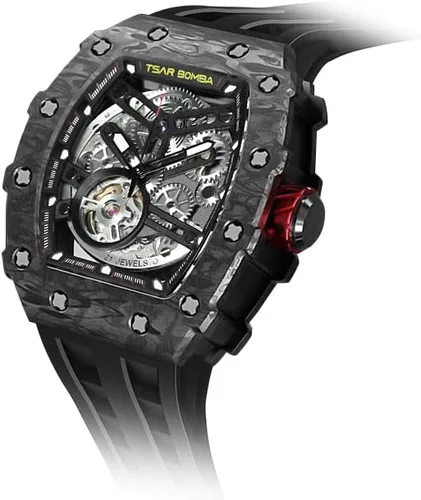 Vista 7 de TSAR BOMBA Reloj para hombre, reloj automático impermeable de 164.0 ft, esqueleto mecánico Tonneau con esfera de cara grande, reloj negro