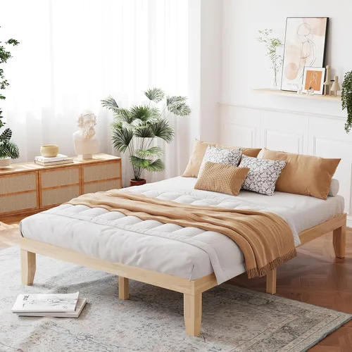 Vista 10 de Giantex Marco de Cama de Plataforma de Madera Individual de 14 Pulgadas, Base de Colchón Minimalista con Madera de Caucho Sólida, Soporte