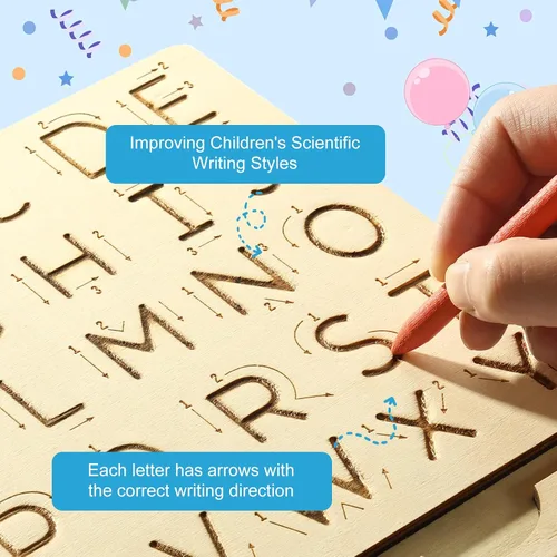 Vista 5 de Tabla de práctica de letras de madera, tabla de trazado reutilizable del alfabeto de escritura a mano de doble cara para niños pequeños y regalos