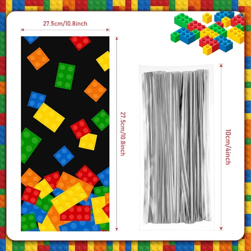 Vista 2 de 100 bolsas de celofán con bloques de construcción, suministros para fiesta de cumpleaños, bolsas de dulces con 100 lazos plateados para recuerdos