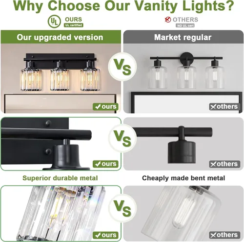 Vista 3 de Luz de tocador, 3 luces de cristal negro moderno para baño con 3 bombillas E26, luces de tocador para baño, dormitorio, sala de estar, pasillo