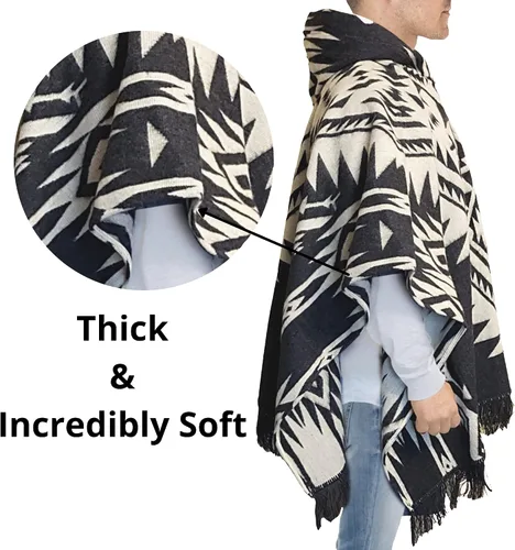 Vista 5 de DAVLINA, ALPACA Wool Poncho Hooded and, Aztec Pattern, Unique and handmade in Ecuador. Thick, Warm and Soft Wool Poncho