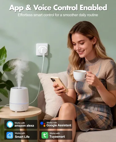Vista 2 de Mini enchufes inteligentes que funcionan con Alexa y Google Home, enchufe WiFi para control remoto de aplicación y control de voz, temporizador