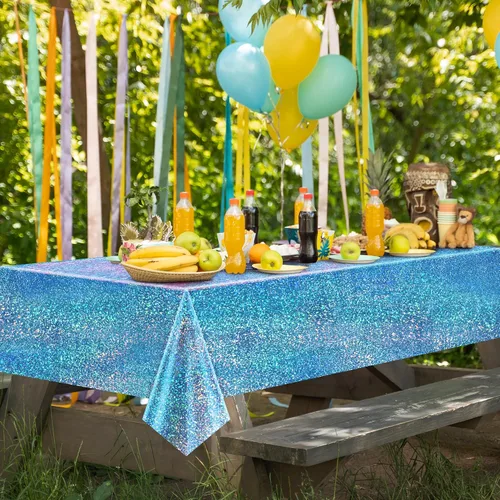 Vista 6 de Just Shimmer Mantel holográfico azul claro de 40" x 108" Decoración de fiesta rosa fuerte Día de San Valentín Fiesta de cumpleaños Decoración