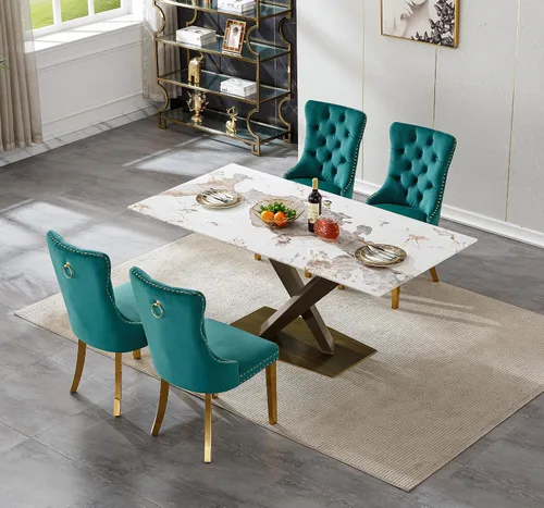 Vista 2 de Juego de mesa de comedor de mármol blanco para 4, 70 pulgadas, mesa de comedor de mármol blanco con 4 sillas de terciopelo verde y base de acero al