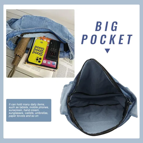 Vista 4 de Bolsas de mezclilla estilo hobo para mujer, estilo retro, para el hombro, estilo casual, para adolescentes, niñas