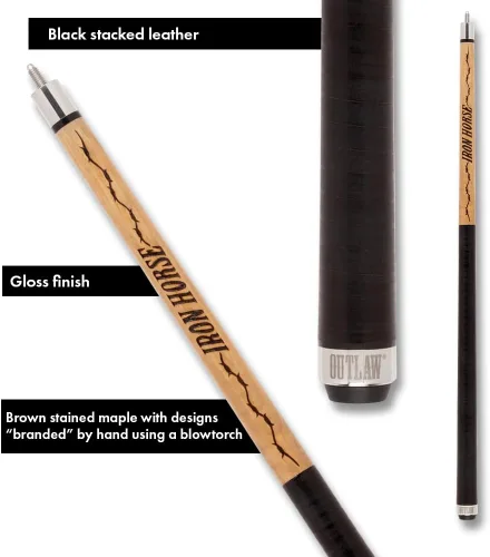 Vista 3 de OUTLAW OLBK01 Specialty Pool Cue - Arce teñido natural con púas y diseño de caballo de hierro