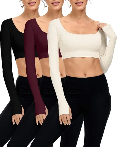 Vista 2 de Paquete de 3 camisetas cortas acanaladas sin costuras de manga larga con cuello cuadrado para mujer, para entrenamiento, gimnasio, yoga