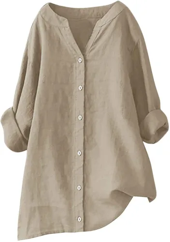 Vista 9 de Camisas de algodón y lino con botones para mujer, cuello en V, manga larga, blusas elegantes y casuales