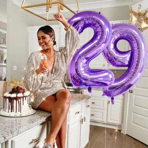 Vista 3 de Globo morado con el número 32 de 32 pulgadas, globos de aluminio jumbo con corona desmontable para decoración de fiesta de cumpleaños 38