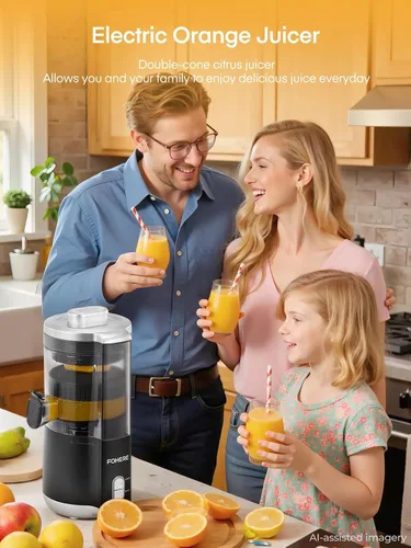 Vista 9 de FOHERE Exprimidor eléctrico de cítricos, máquina exprimidora de naranja manos libres con 2 conos intercambiables, exprimidor automático de jugo