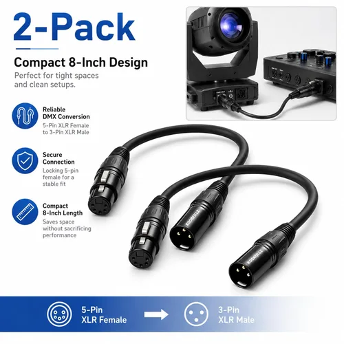Vista 4 de Cable de iluminación DMX de 3 pines a 5 pines, cable adaptador XLR/DMX de 8 pulgadas, cables de micrófono XLR macho de 3 pines a 5 pines hembra