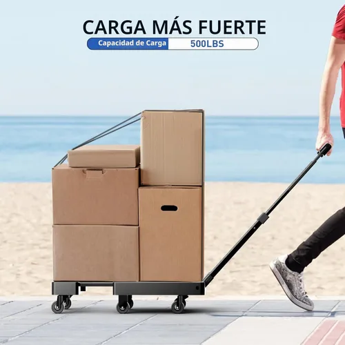 Vista 5 de SPACEKEEPER - Carro de mano plegable, carrito resistente de equipaje de 500 libras, carrito de plataforma utilitaria con 6 ruedas y 2 cuerdas Negro