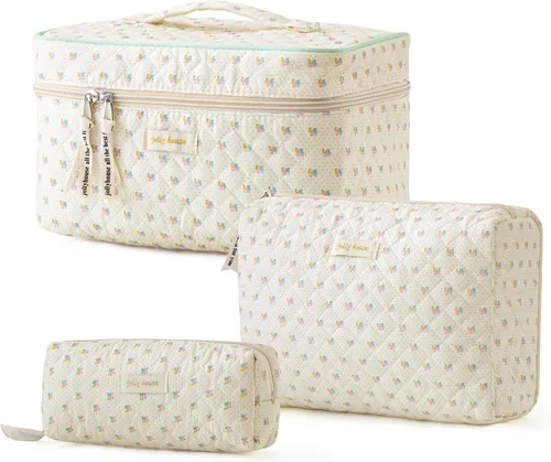 Vista 33 de HBselect Bolsa de Maquillaje Acolchada, 3 Piezas de Gran Bolsa de Maquillaje de Viaje de Algodón, Linda Bolsa de Maquillaje Floral Coquette, Bolsa