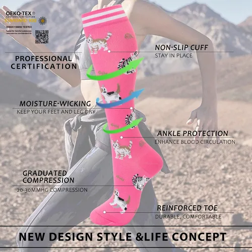 Vista 3 de fenglaoda Calcetines de compresión para mujeres y hombres, 6 pares, hasta la rodilla, mejor apoyo para correr, viajar, vuelo, enfermera