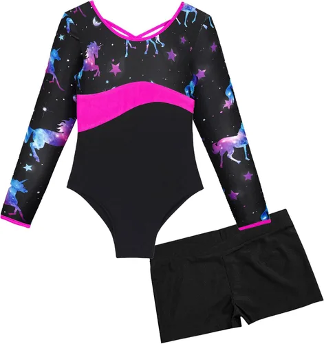 Vista 5 de Choomomo Conjunto de leotardo de manga larga con pantalones cortos para gimnasia baile de ballet