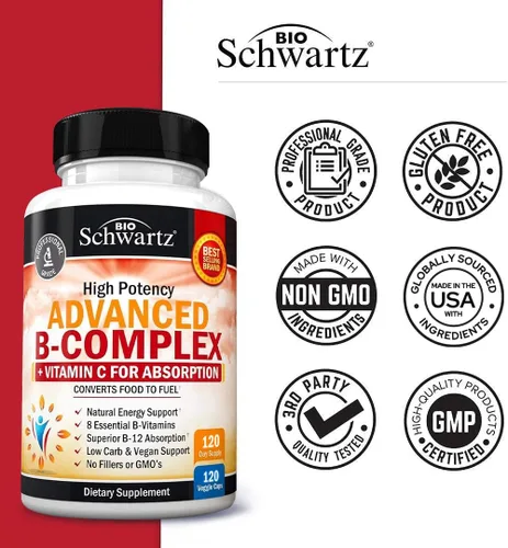 Vista 5 de Complejo de vitamina B con vitamina C para una máxima absorción, metilcobalamina b12 y suplemento de ácido fólico folato - B1 B2 B3 B5 B6 B7 B9