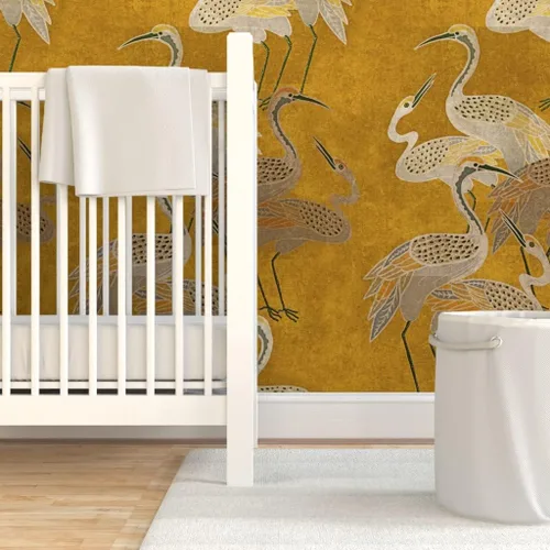 Vista 6 de Spoonflower Papel tapiz para despegar y pegar - Grúas Art Deco Golden Birds Gold Oriental Texture Silver Papel pintado extraíble personalizado