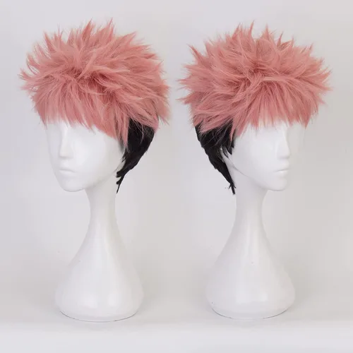 Vista 6 de Peluca de anime para cosplay de Jujutsu Kaisen Yuji Itadori rosa negro pelucas de repuesto de cabello corto para niñas y niños, fiesta, Halloween