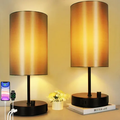 Vista 13 de HiBay Lámpara de mesita de noche regulable de 17.75 pulgadas con estación de carga, 2 puertos USB y salida de CA, luz rústica de grano de madera