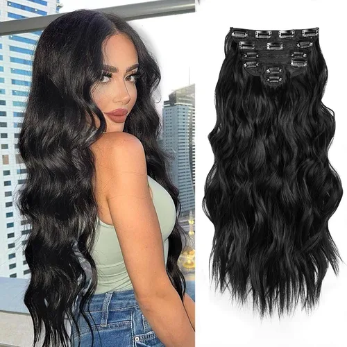 Vista 6 de NAYOO - Extensiones de cabello con clip, extensiones sintéticas onduladas de 20 pulgadas, 6 unidades Wavy Curly Hair, Full Head Coverage, Heat