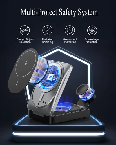 Vista 5 de Cargador Inalámbrico 3 en 1 Estación de Carga para iPhone, Soporte de Carga Magnético de 15W Certificado Qi2 para Mag-Safe con Adaptador USB C