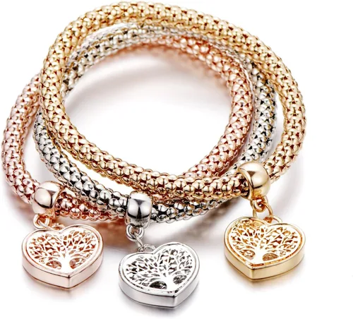 Vista 4 de Pulseras multicapa con dijes de cristal, 3 unidades, oro y plata, oro rosa, pulsera elástica en forma de corazón para mujer, árbol de la vida