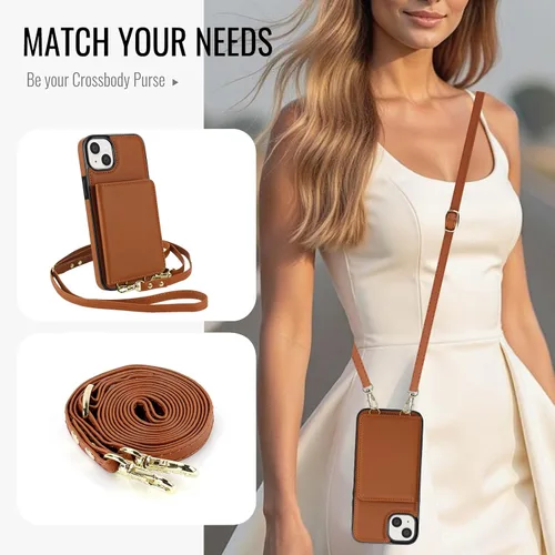 Vista 4 de Funda de teléfono para iPhone 13 Mini de 5.4 pulgadas con protector de pantalla, correa cruzada para muñeca, bloqueo RFID, tarjetero de crédito
