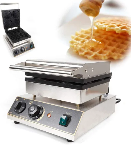 Vista 6 de Máquina de hacer gofres comercial de acero inoxidable de 1750 W, máquina de panadería redonda de 110 V, máquina eléctrica para hacer gofres de acero