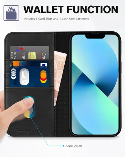 Vista 3 de TUCCH - Funda tipo cartera con 3 ranuras para tarjetas para iPhone 13 (6.1") 2021, color negro Soporte de visión, carcasa de TPU a prueba