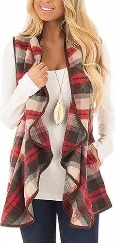 Vista 2 de Unidear - Chaleco con diseño de lana cuadriculada para mujer, chaqueta tipo cárdigan sin mangas, con solapa, frente abierto y bolsillos