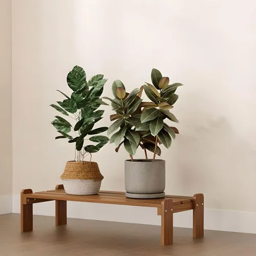 Vista 24 de Soporte rectangular para plantas de madera maciza de 1 nivel, 4 patas, flores, suculentas, rábano verde, de una sola capa, escalera de balcón Marrón