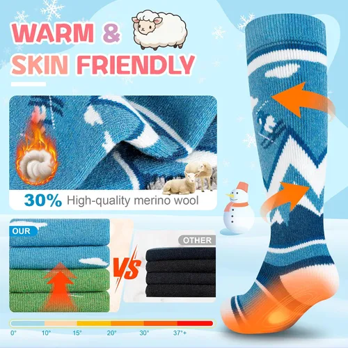 Vista 2 de unenow Calcetines de esquí de lana merino para niños, 2 pares, calcetines térmicos cálidos de invierno para niños y niñas pequeños