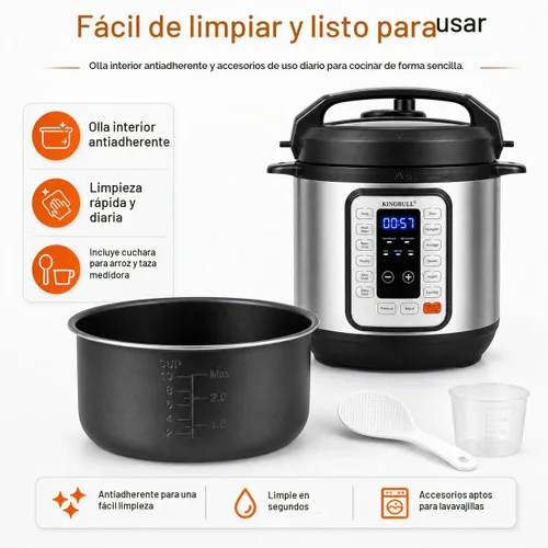 Vista 6 de KINGBULL Olla a presión eléctrica 6QT - Cocina múltiple 12 en 1, programas de un solo toque para arroz, sopa, carne, vapor, yogur, cocción lenta