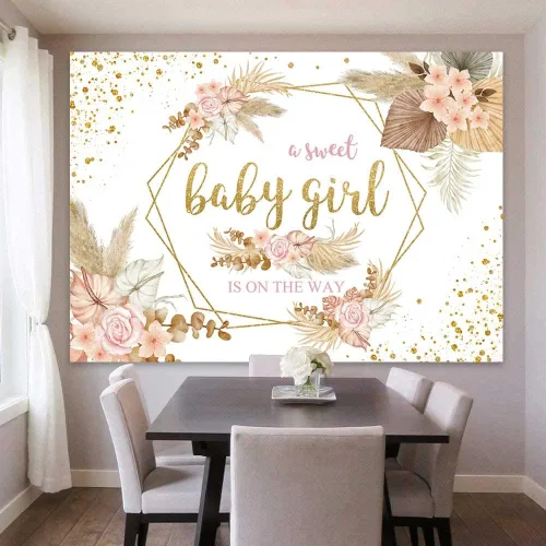 Vista 3 de Sensfun Telón de fondo bohemio para baby shower con texto en inglés "It's A Girl", fondo de fotografía de baby shower, rosa rubor, floral, hierba