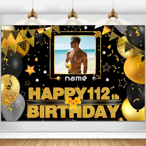 Vista 99 de Cartel decorativo personalizado de feliz cumpleaños número 100 - Personalización disponible - Negro y dorado - Tamaño grande - Admite fotos