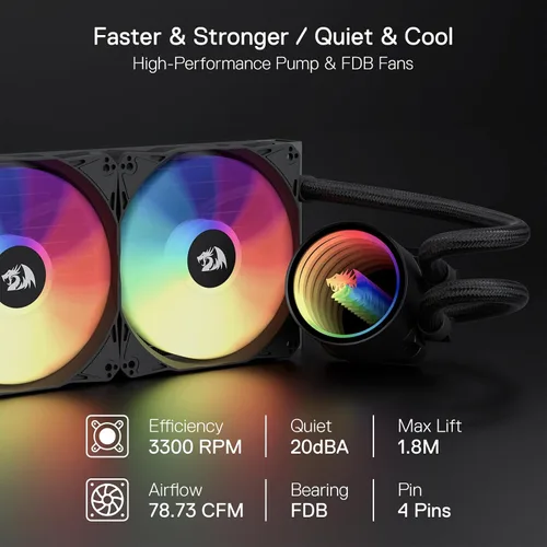 Vista 2 de Redragon HL240 ARGB Sistema de refrigeración líquida, enfriador de agua de CPU con radiador de alta eficiencia de 3300 RPM, 20 dBA silencioso