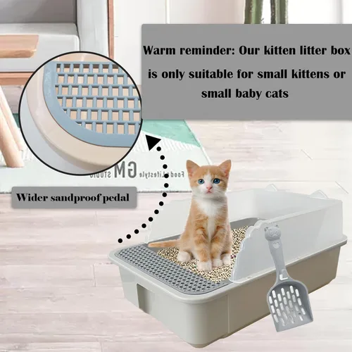 Vista 4 de kathson Caja de arena abierta para gatos con lado alto, bandeja de arena para gatos antisalpicaduras, inodoro para gatitos con cuchara de tamizar