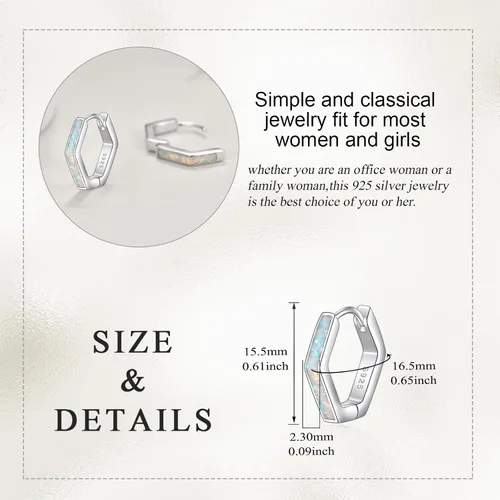 Vista 5 de Aretes de ópalo de plata de ley 925 geométrica hexagonalestrellaclip de papel, aretes de aro blanco ópaloconcha de abulón, regalo para mujeres